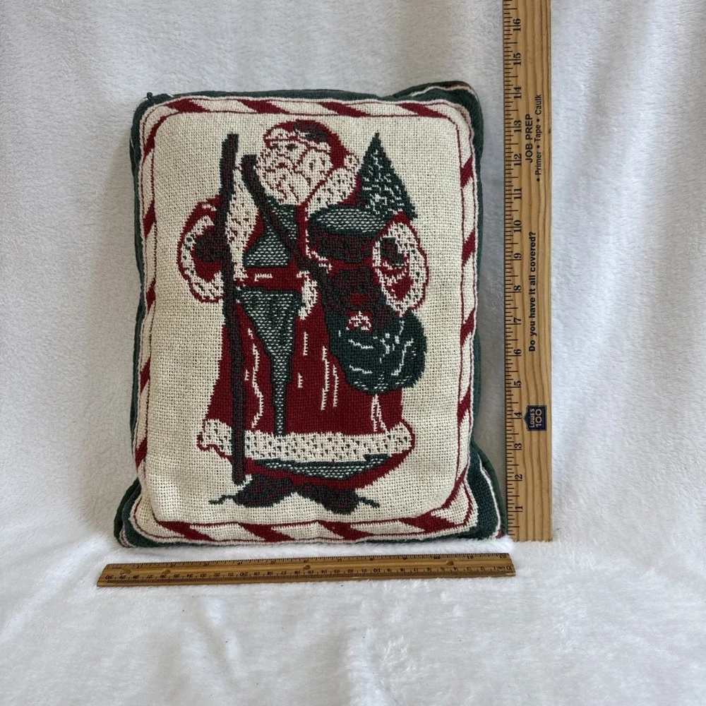 Vintage Santa Claus Woven Tapestry Christmas Throw Pillow Green Red Cream